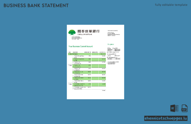 Beispielvorschau eines Kontoauszugs für Firmenkunden der Cathay United Bank (Word- und PDF-Format)